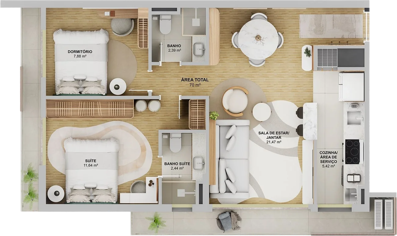 Planta humanizada da tipologia A, 70 m², 2 dormitórios com suíte