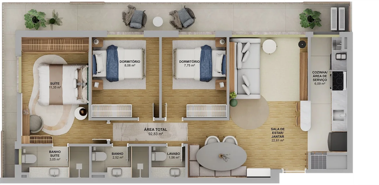 Planta humanizada da tipologia B, 92,85 m², 3 dormitórios com suíte