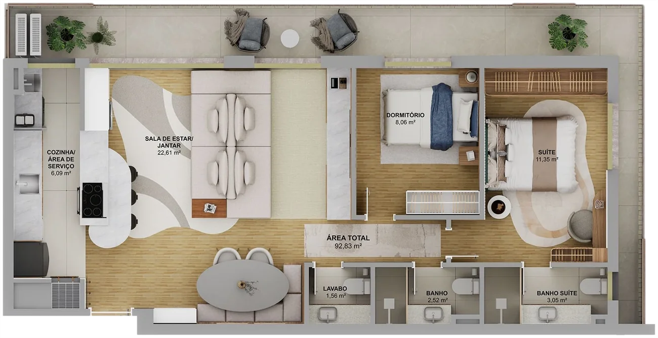 Planta humanizada da tipologia B2, 92,85 m², com living estendido